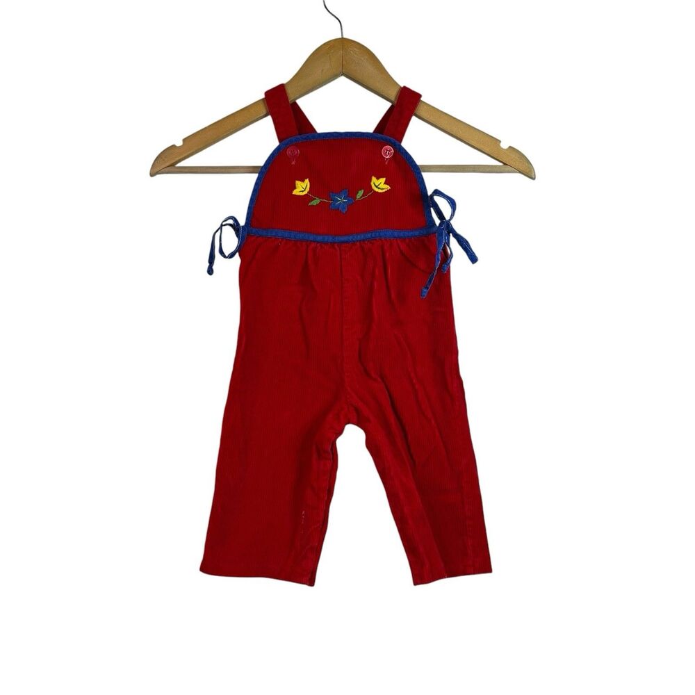 VINTAGE Popsicle 80's 90’s Red Corduroy Overalls Floral Embroidered Sz 12 Months